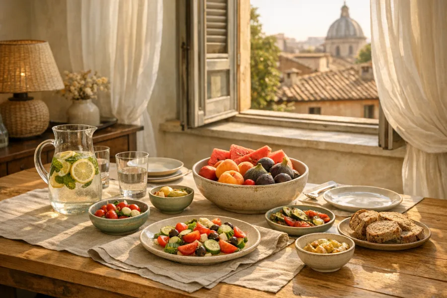 Tavola estiva con frutta fresca, acqua e piatti leggeri in un salotto romano luminoso.