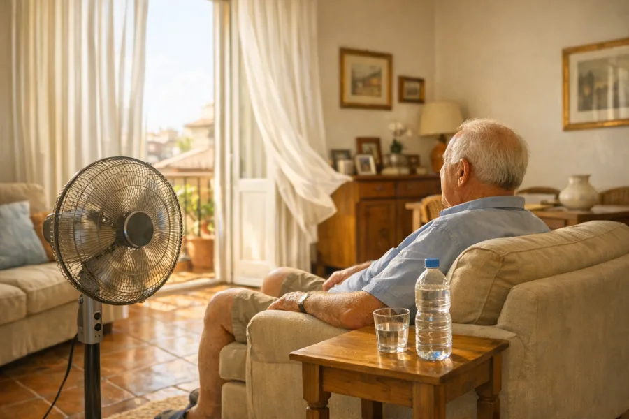 Anziano in salotto romano estivo accanto a ventilatore e bottiglia d’acqua