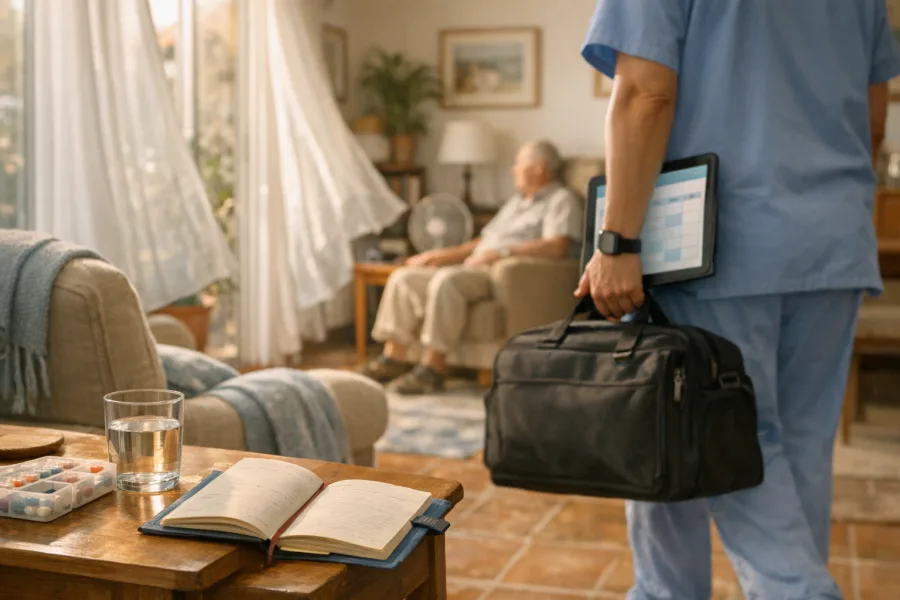 Operatore sanitario con tablet e borsa entra in casa di un anziano per una visita programmata