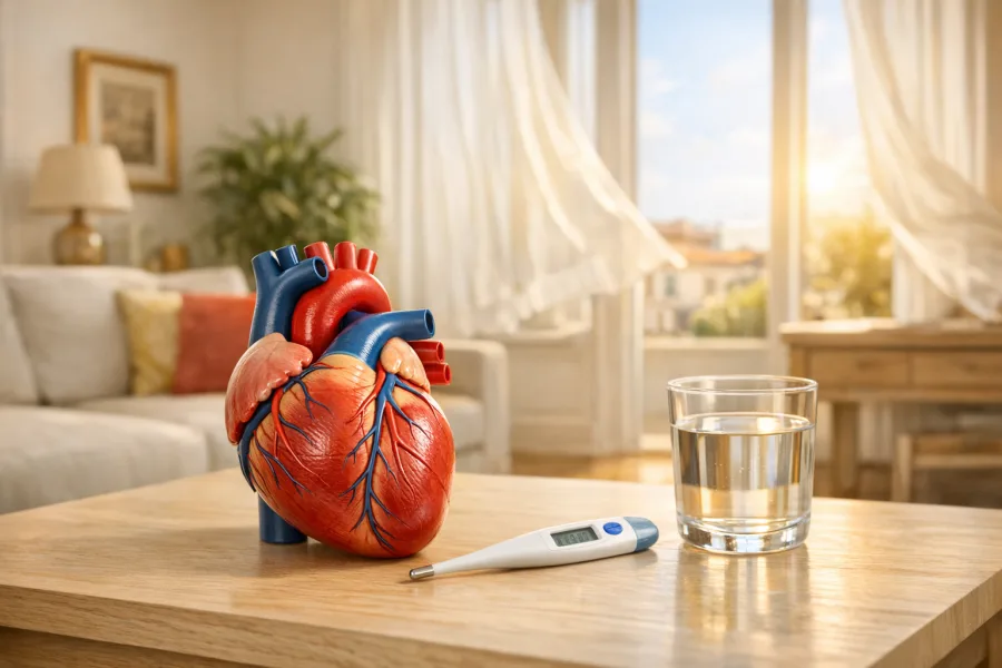 Cuore, termometro e acqua in un salotto romano estivo, a richiamare il caldo e il cuore.