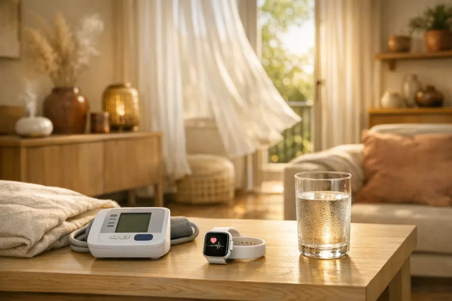 Salotto romano estivo con misuratore di pressione, acqua e dispositivi cardiaci su tavolino.