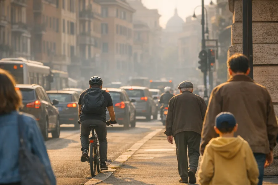 Pedoni, ciclista, anziano e bambino in strada urbana con traffico e lieve smog