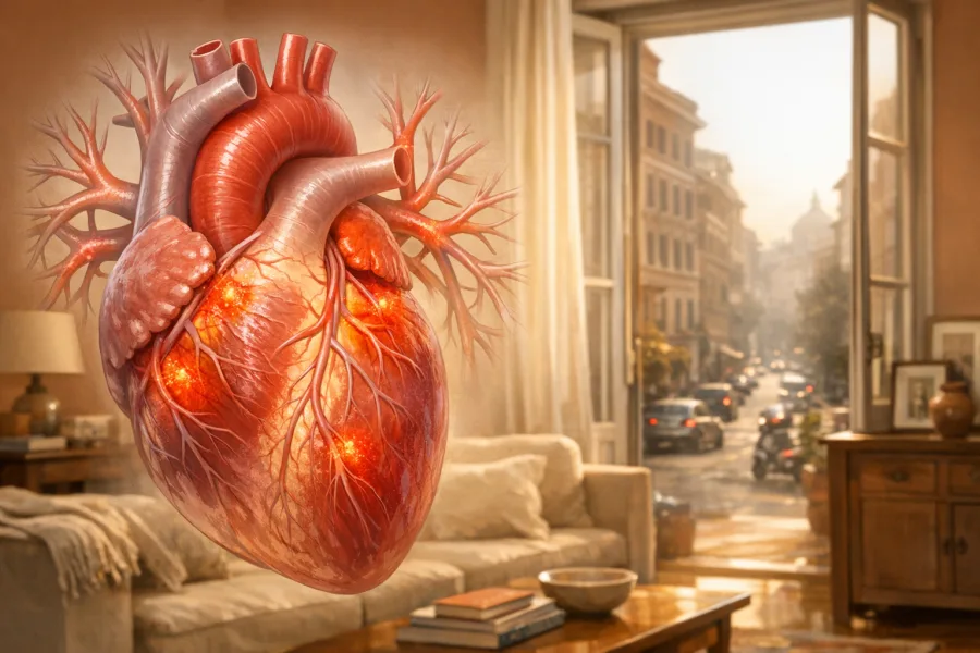 Cuore e arterie con segni di infiammazione, sullo sfondo un salotto romano e smog urbano